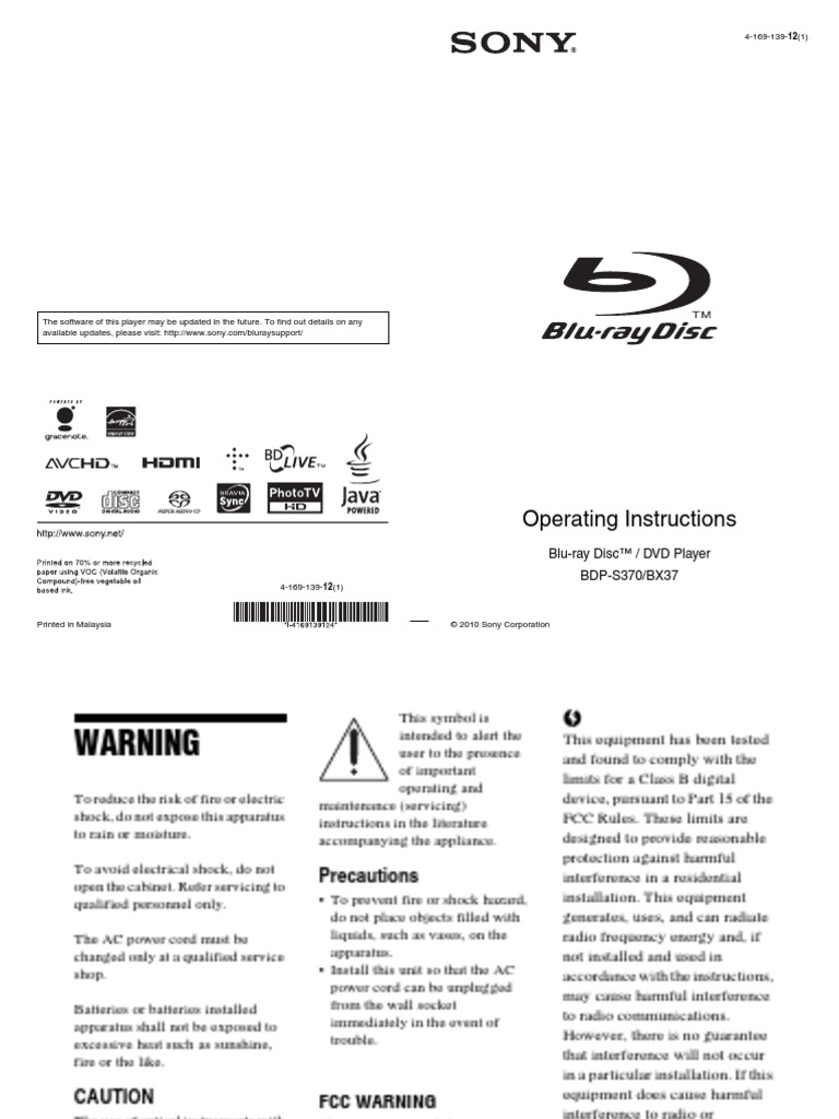 Sony BDPS370 BluRay Player Manual PDF Blu Ray Hdmi