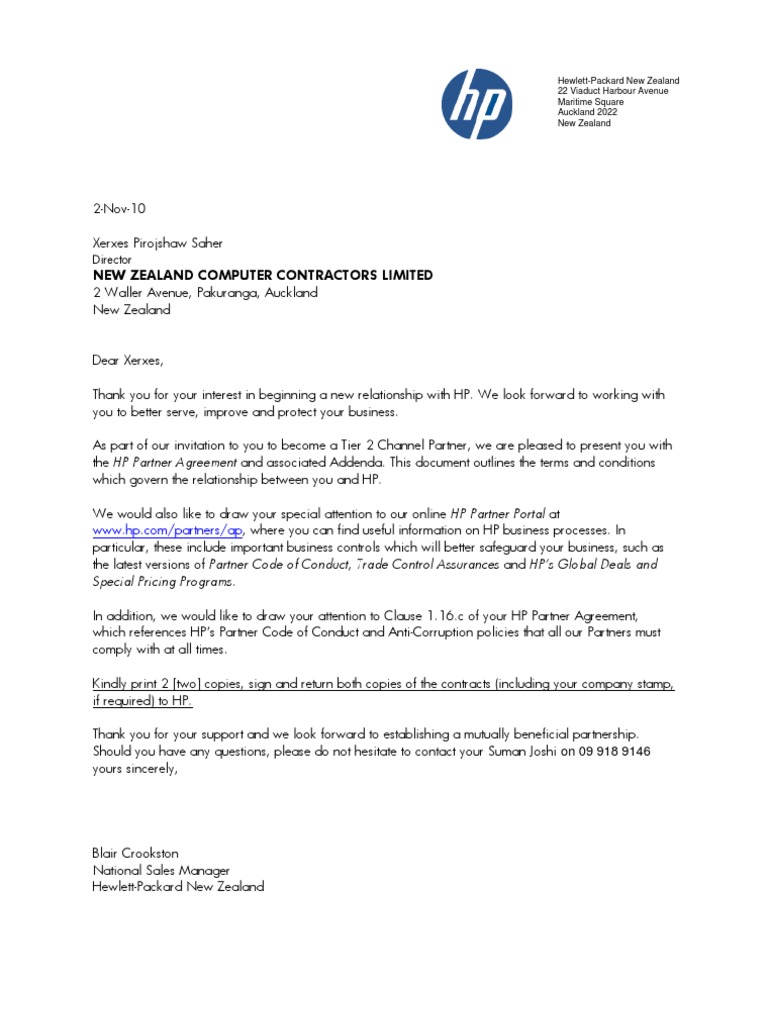 HP Partner Agreement for New Zealand | PDF