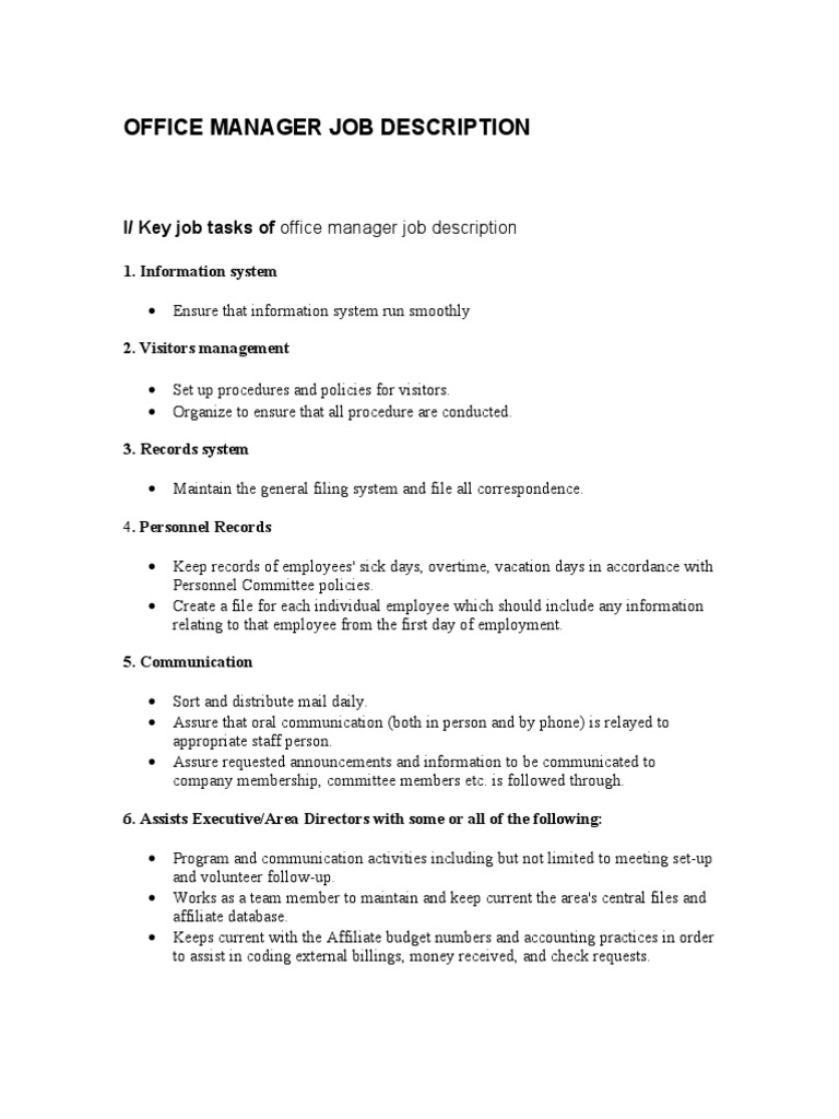 Office Manager Job Description | PDF | Secretary | Employment