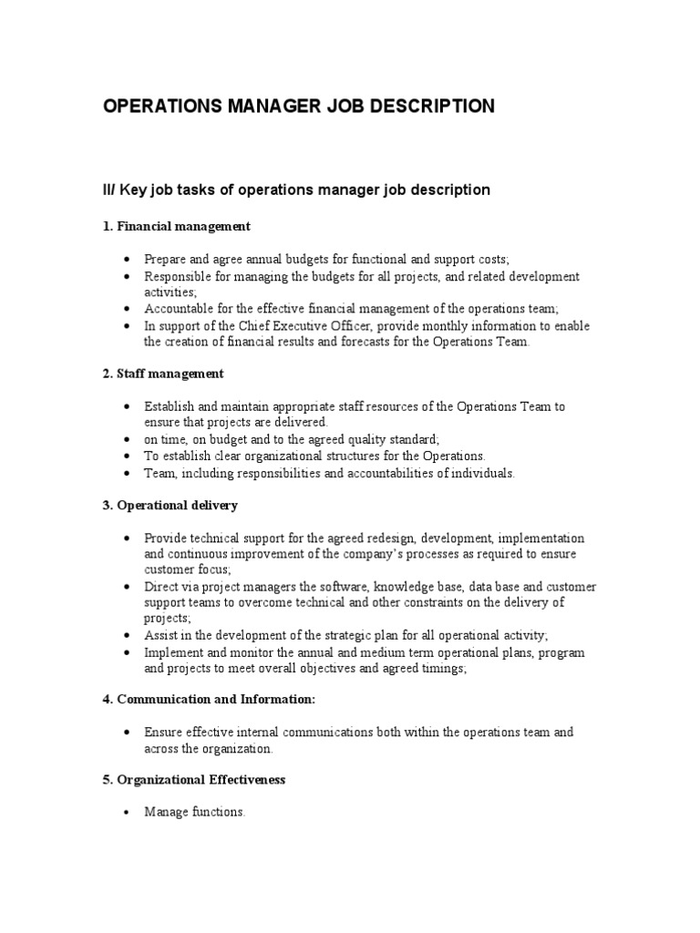 Operations Manager Job Description | Pdf | Operations Management |  Leadership