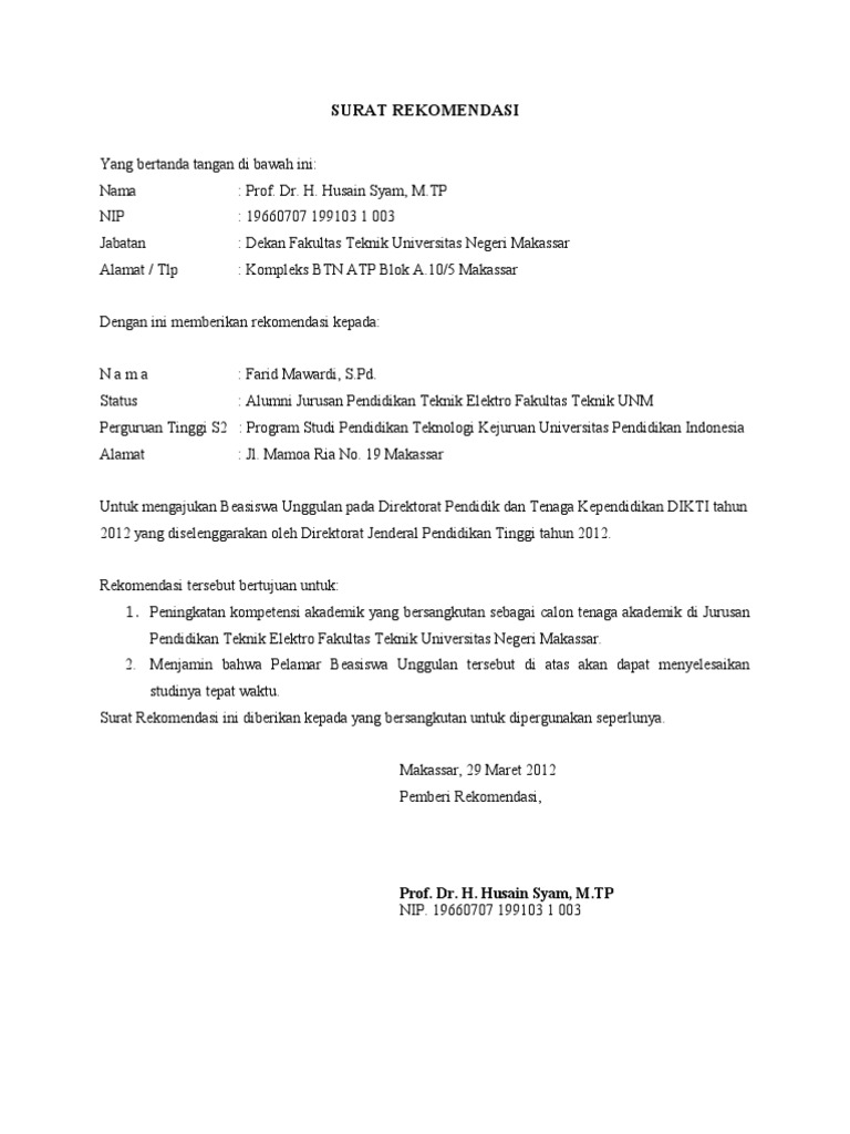 Surat Rekomendasi Beasiswa Unggulan Dikti