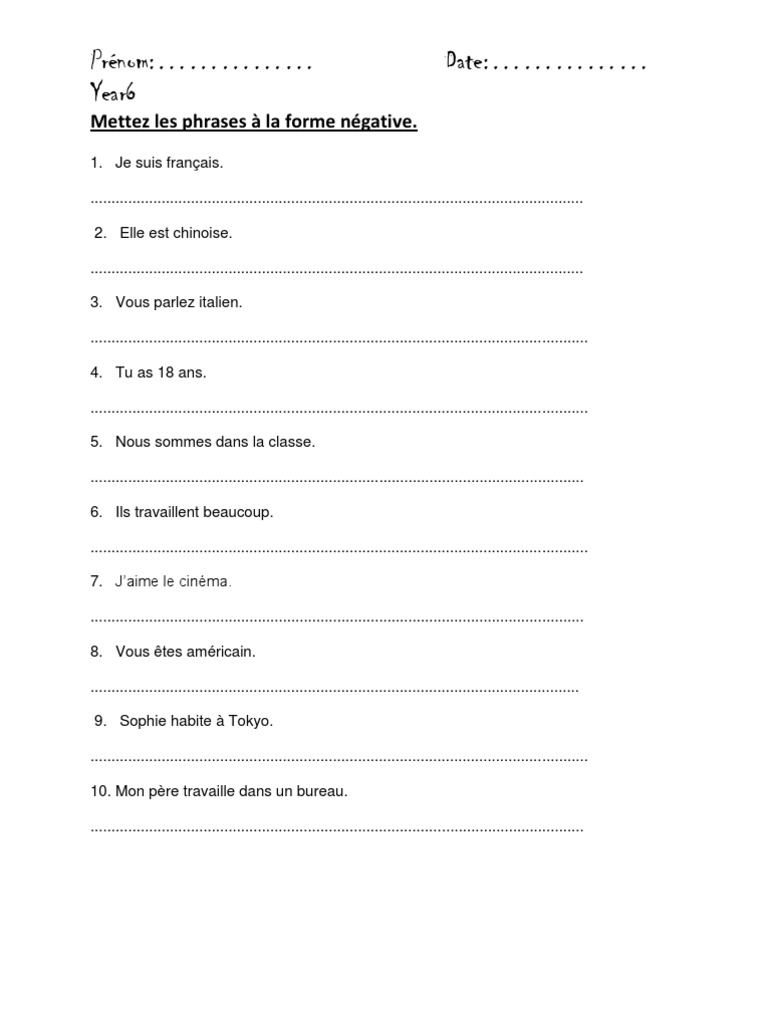 Exercice Anglais Forme Négative Pdf Mettez Les Phrases À La Forme Négative
