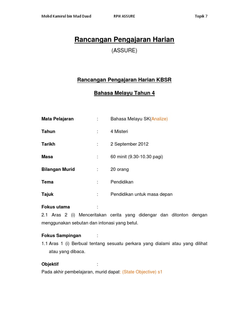 RPH Bahasa Melayu Tahun 4 KBSR | PDF | Seni & Disiplin Bahasa | Seni