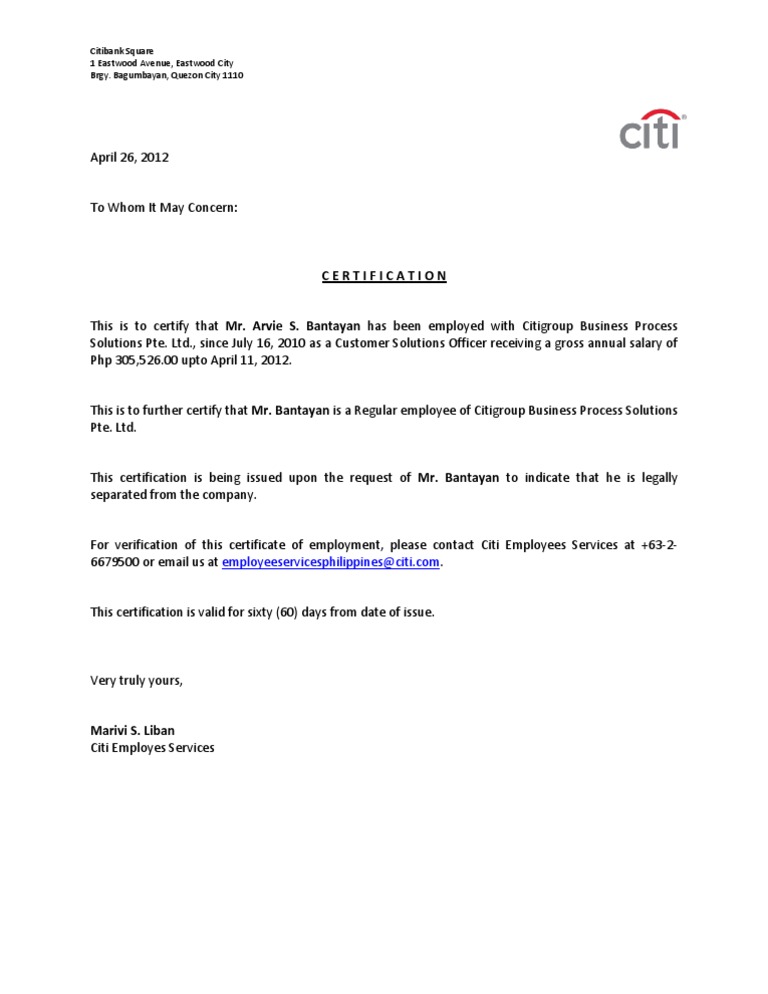 Citibank Employment Certification Letter | PDF