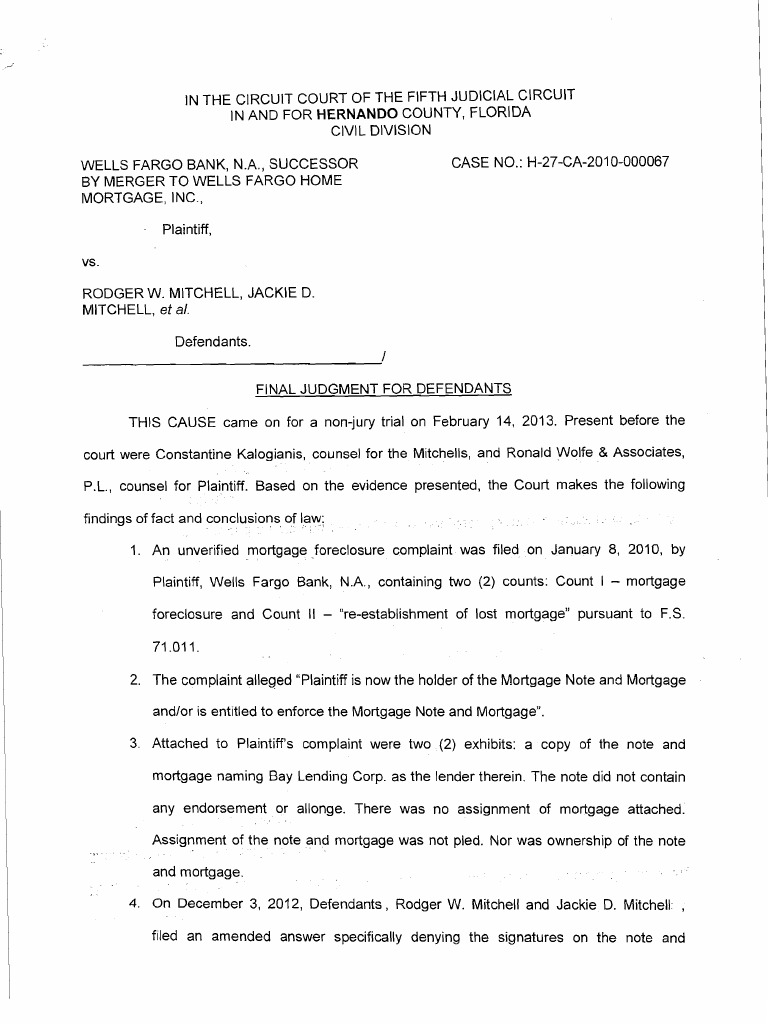 Final Judgment For Defendants v. Wells Fargo Bank, N.A., in A ...
