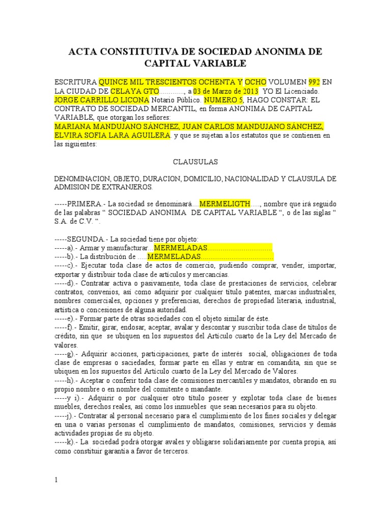 Modelo De Acta Constitutiva De Sociedad Anonima De Capital Variable 2 Liquidacion Compartir Finanzas