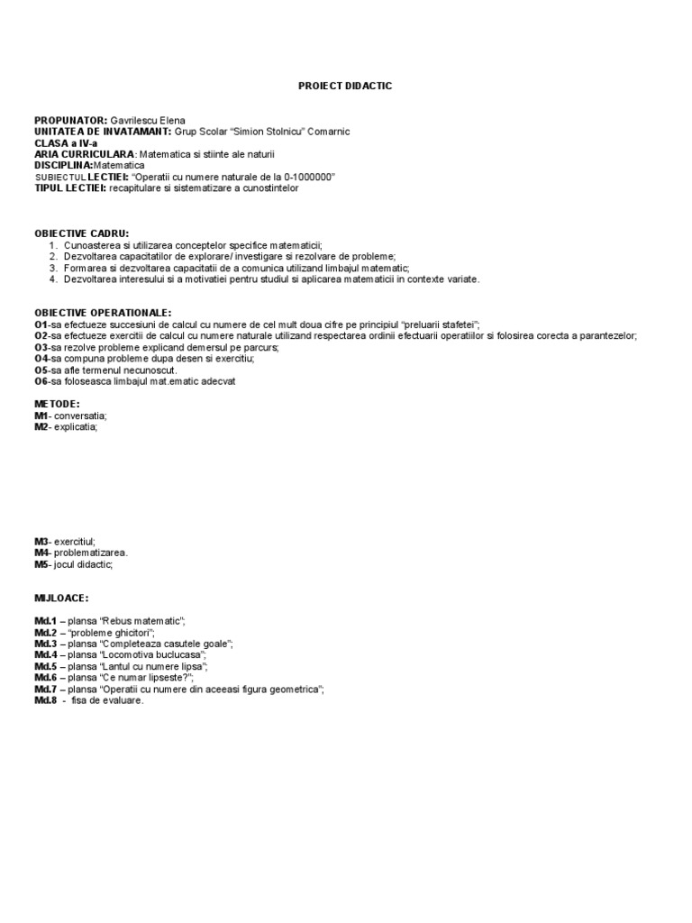 6 Proiect Didactic Matematica | PDF