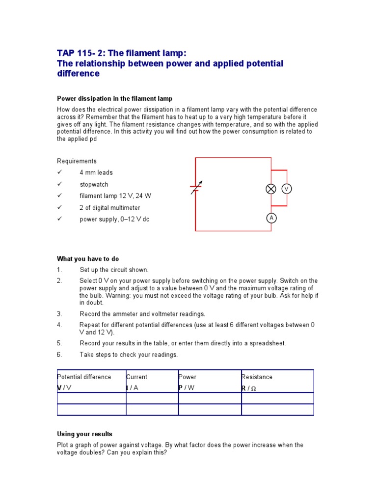 TAP 1152 The Filament Lamp The Relationship Between Power and