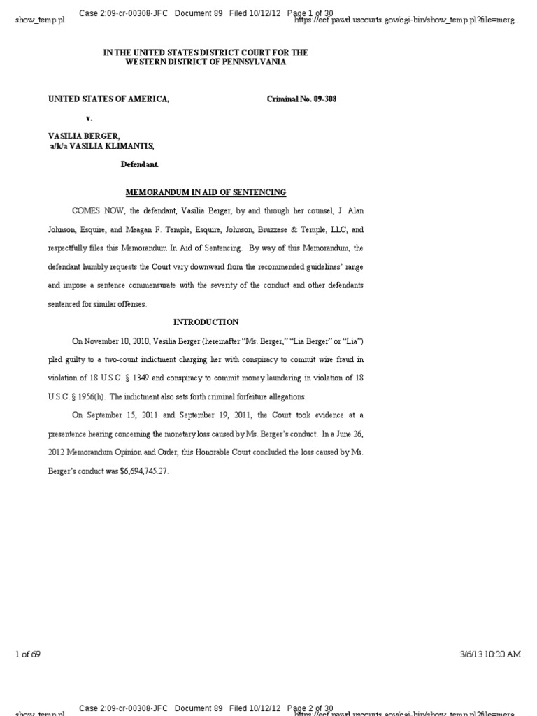 Vasilia Berger Defense Sentencing Memo | PDF | Supreme Court Of The ...