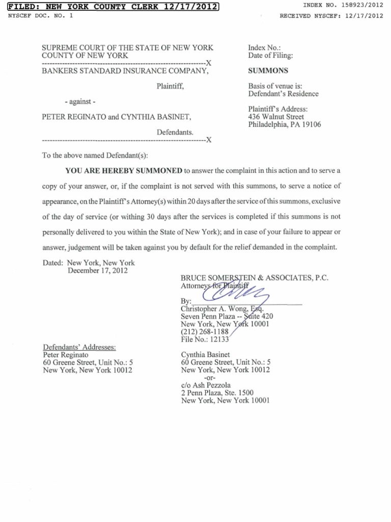 BANKERS STANDARD INSURANCE COMPANY v. PETER REGINATO Complaint PDF