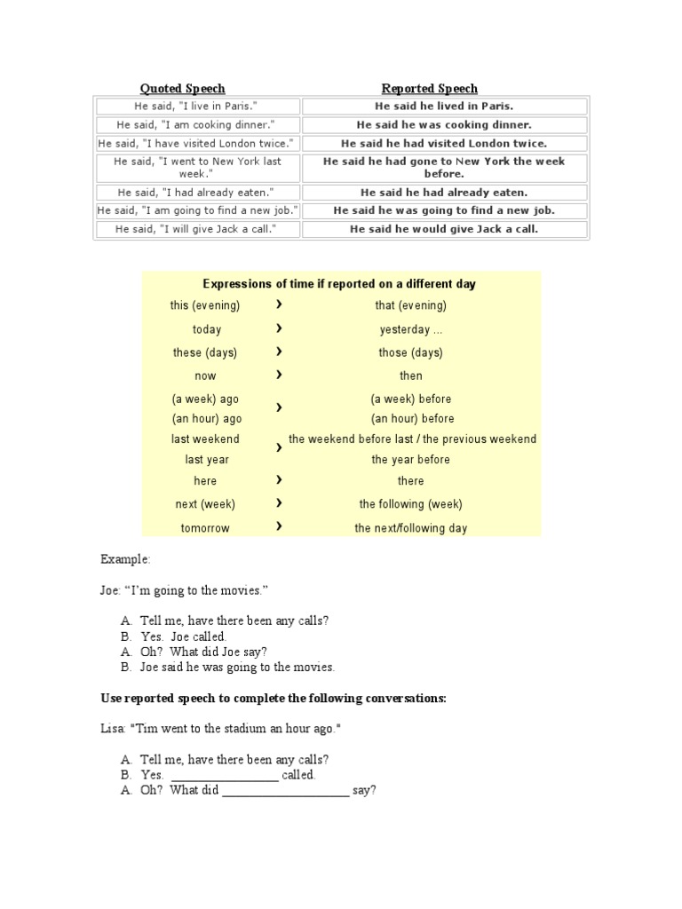 reported speech exercises pdf 4o eso
