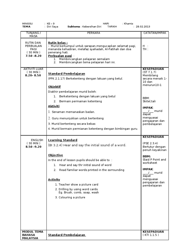 RPH Prasekolah | PDF | Karier & Perkembangan | Kajian Bahasa Asing