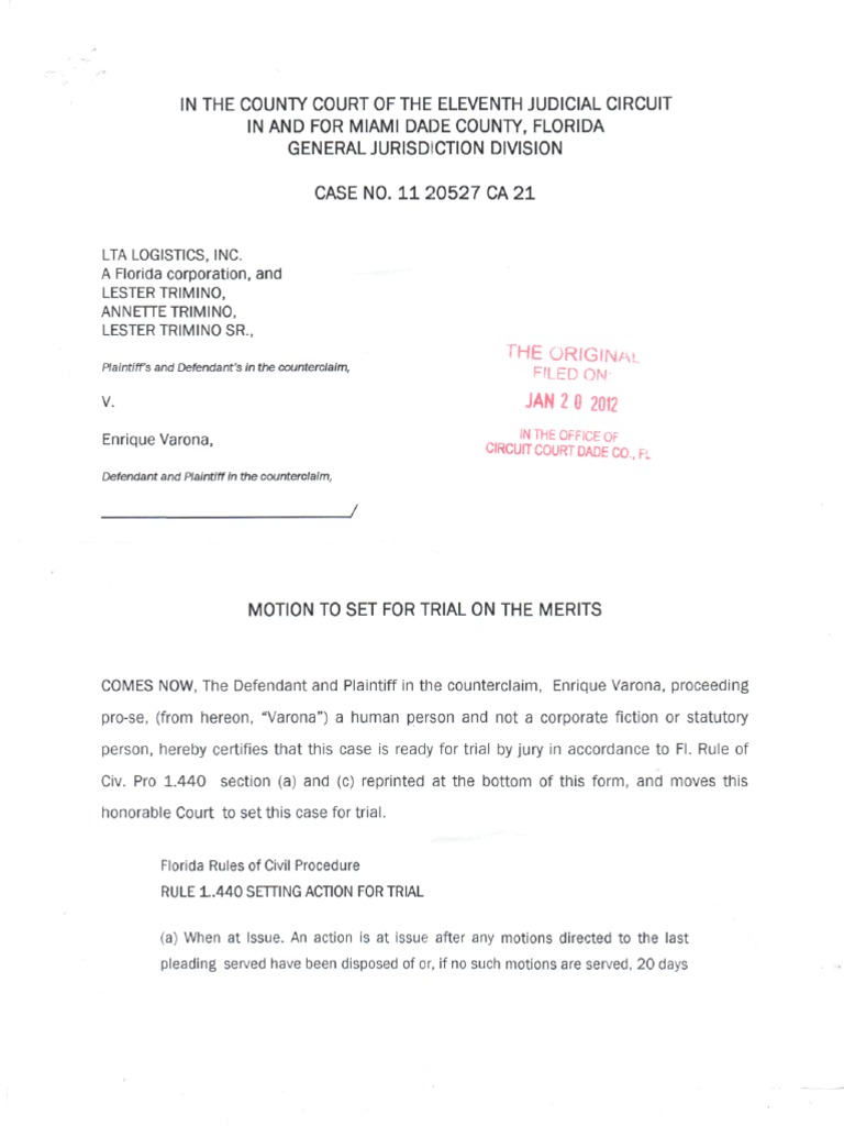 LTA LOGISTICS Vs Enrique Varona (Setting For Trial, Mediation, Mediation  Fails) | PDF | Virginia Circuit Court | Wisconsin Circuit Courts