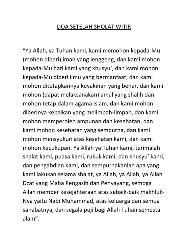 Doa Setelah Sholat Witir