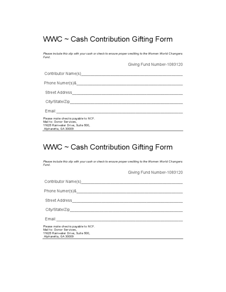 WWC Cash Contribution Gifting Form | PDF | Finance & Money Management