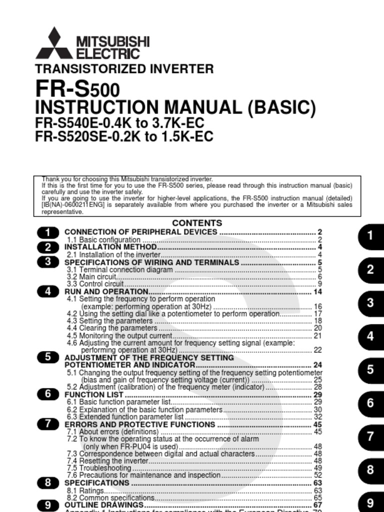 Mitsubishi S500E VFD Basic Manual | Power Inverter | Electrical Connector