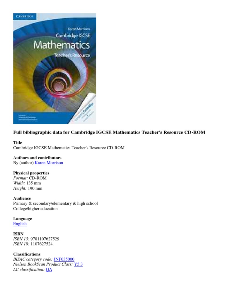 Full Bibliographic Data For Cambridge IGCSE Mathematics Teacher's