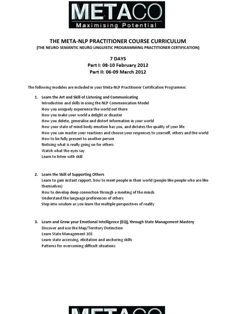 Meta-NLP Curriculum PDF | PDF | Neuro Linguistic Programming | Applied ...