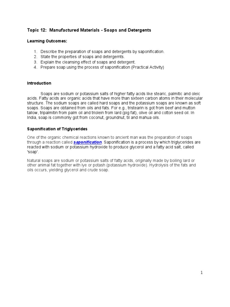 TOPIC 12 Soaps and Detergents PDF Soap Sodium Hydroxide