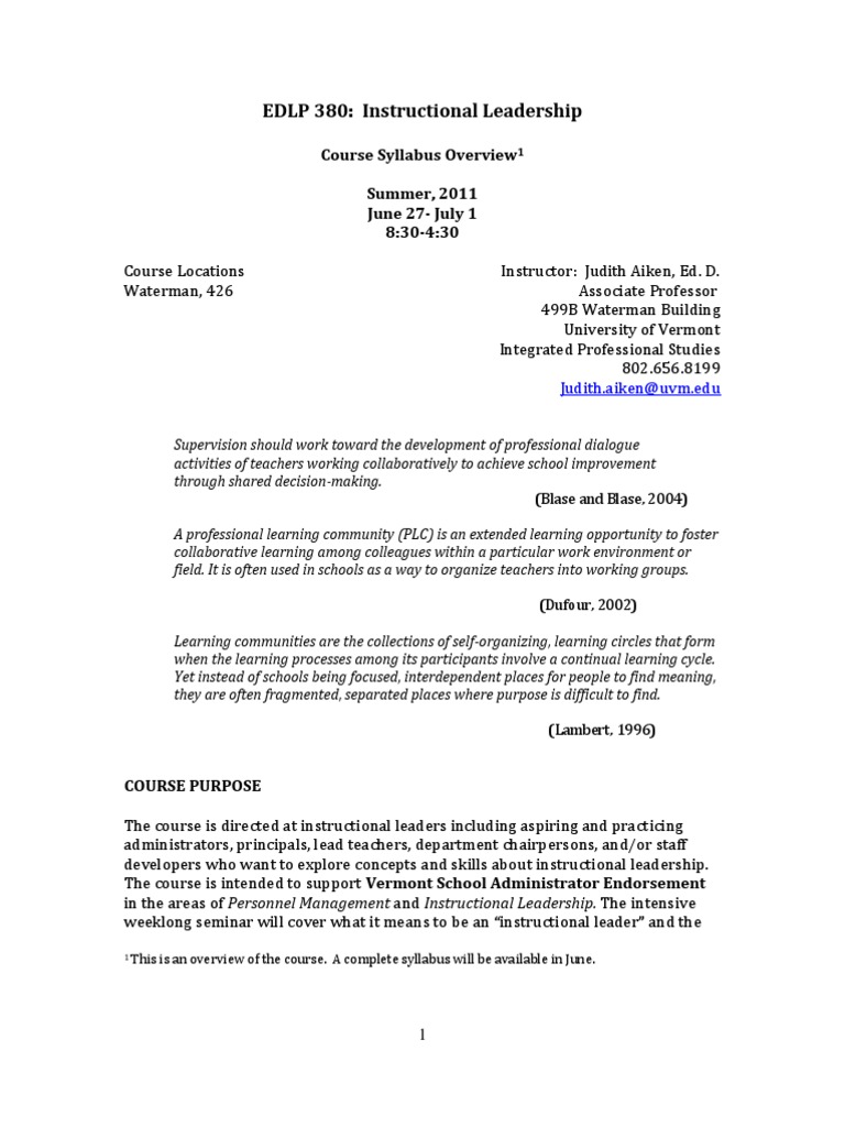 EDLP 380: Instructional Leadership: Course Syllabus Overview Summer ...