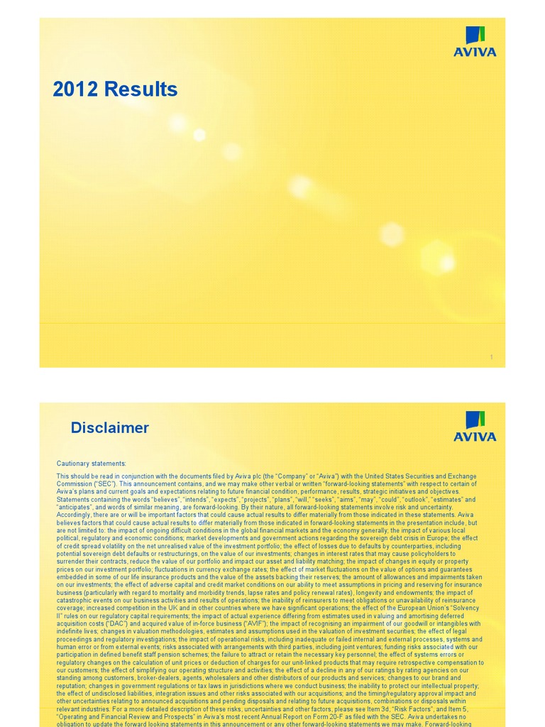 Aviva 2012 Full Year Results Presentation PDF Dividend Mergers
