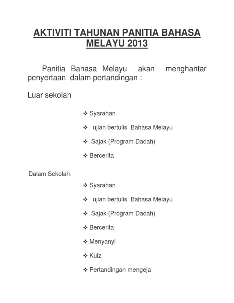 Aktiviti Tahunan Panitia Bahasa Melayu 2013 Pdf