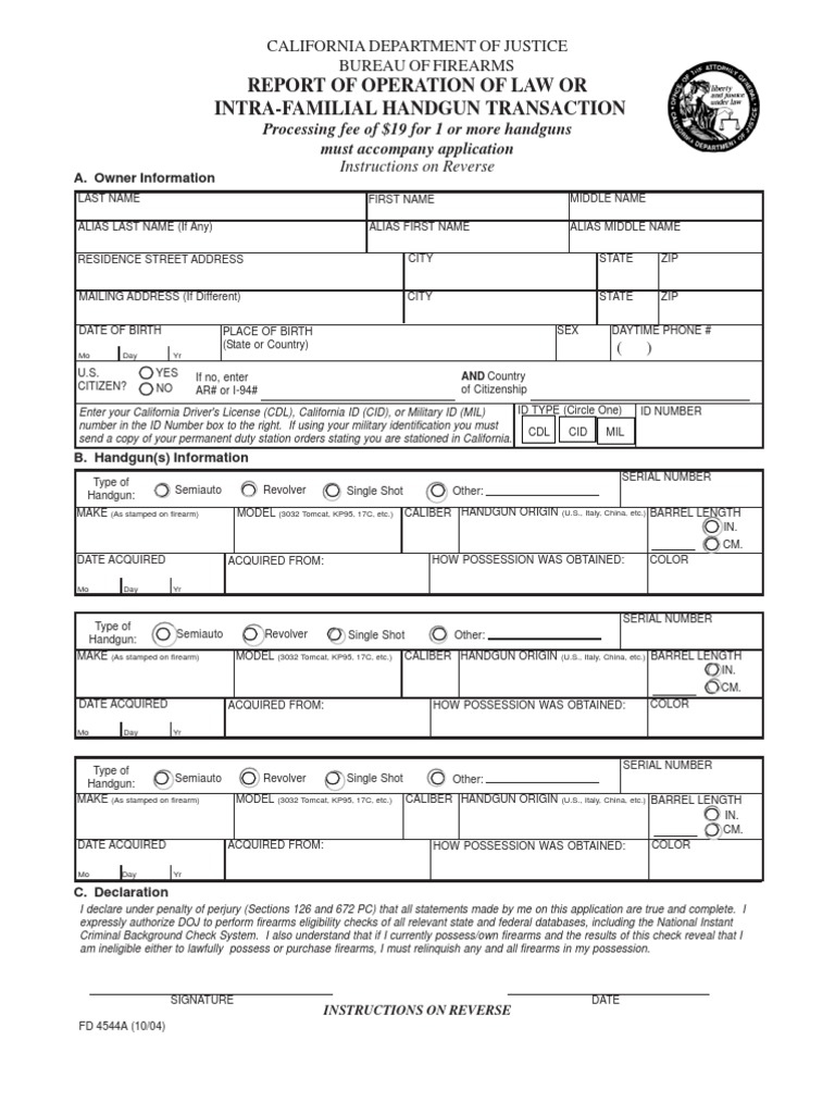 Report of Operation of Law or Intra-Familial Handgun Transaction | PDF ...