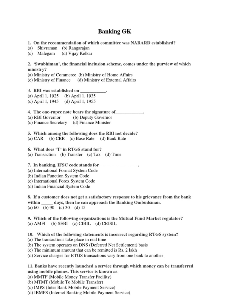 Banking General Knowledge Quiz | PDF | Reserve Bank Of India | Open ...