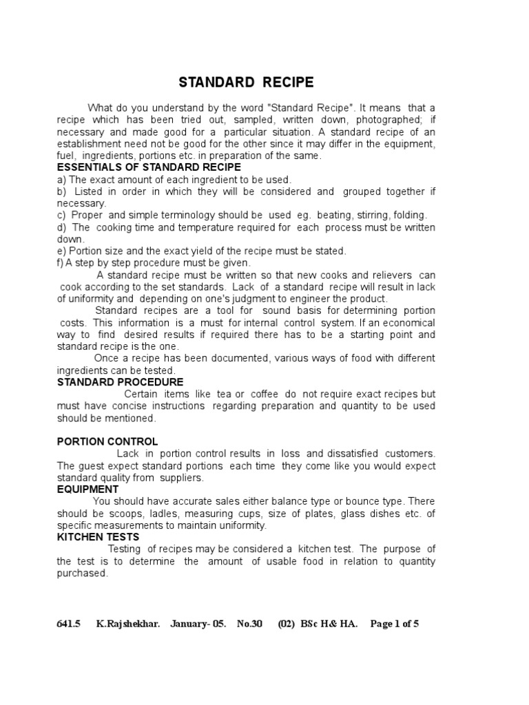 Standard Recipe | Cost Accounting | Shellfish