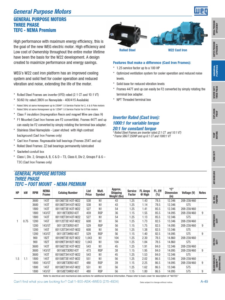 WEG Stock Motor Catalog General Purpose Motors Usa100 Brochure English