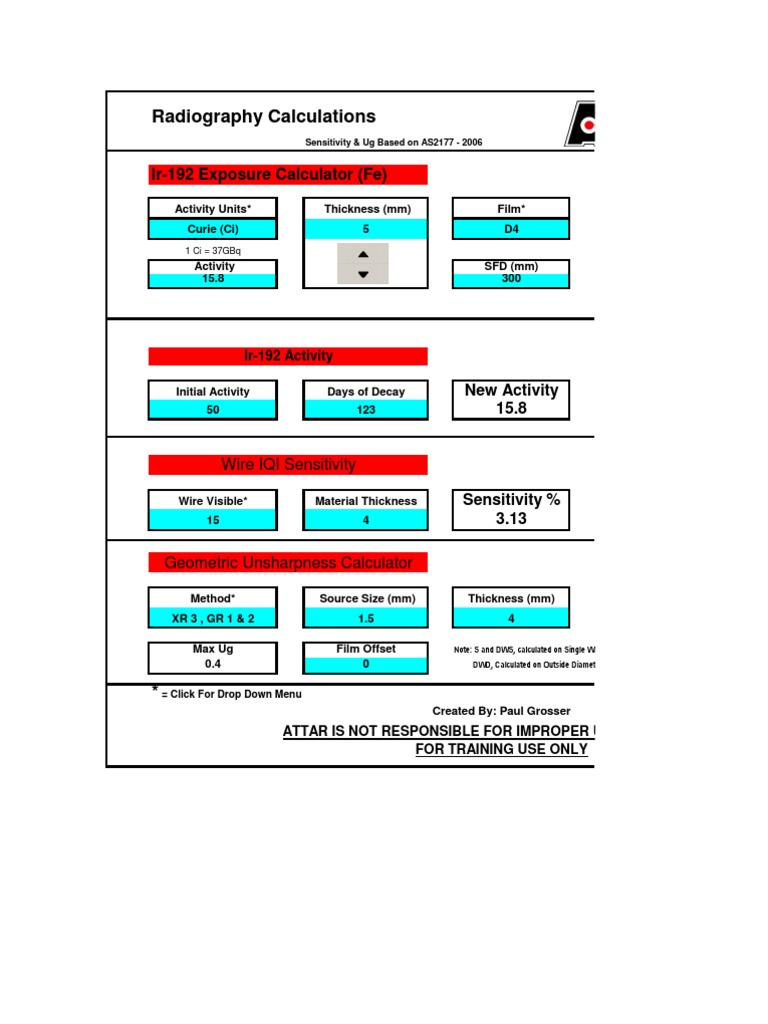 Radiography Calculations Ir192 Exposure Calculator (Fe) PDF