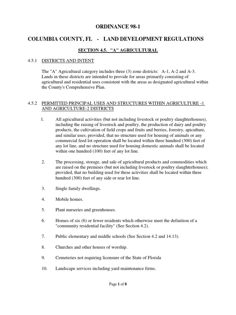 Columbia County AG3 Zoning Regulations PDF Livestock Poultry