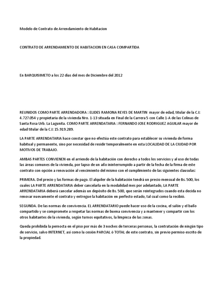 Modelo de Contrato de Arrendamiento de Habitacion | PDF | Alquiler