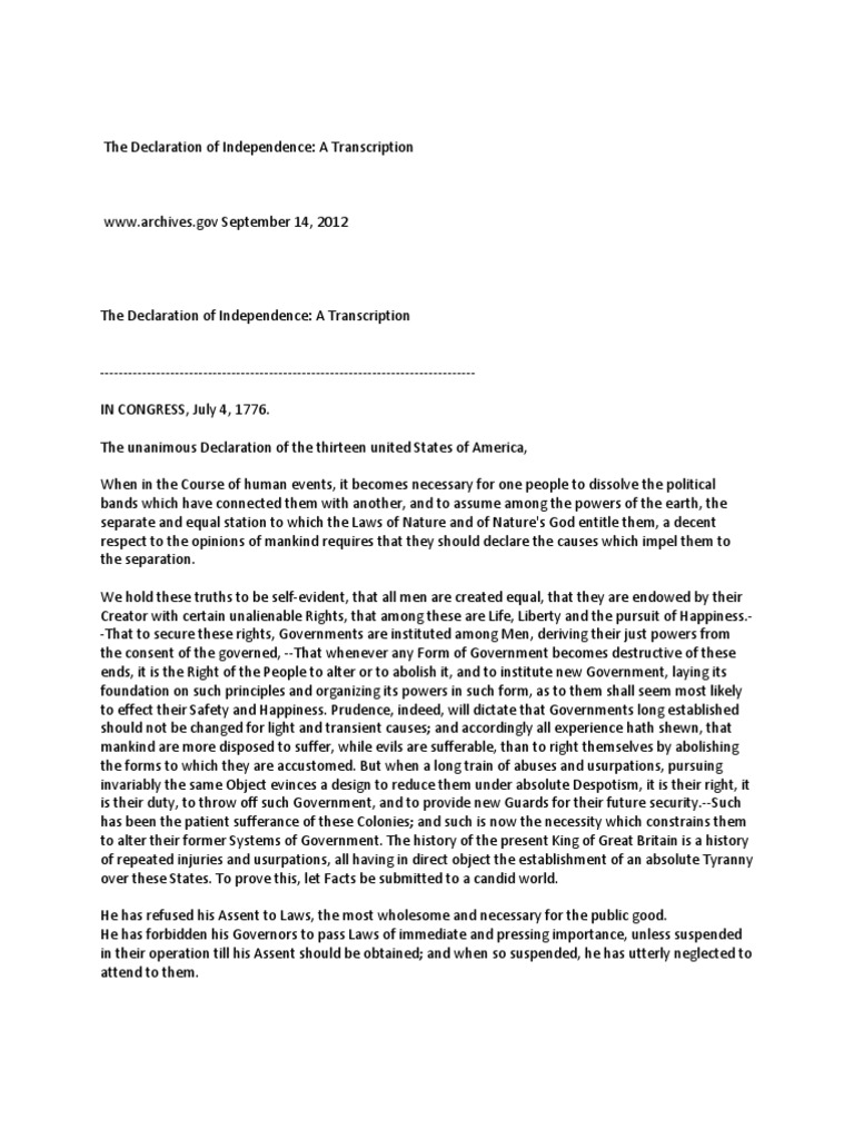 The Declaration of Independence a Transcription | Natural And Legal ...
