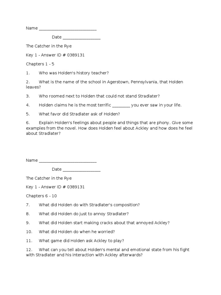 Catcher in The Rye Unit Questions PDF