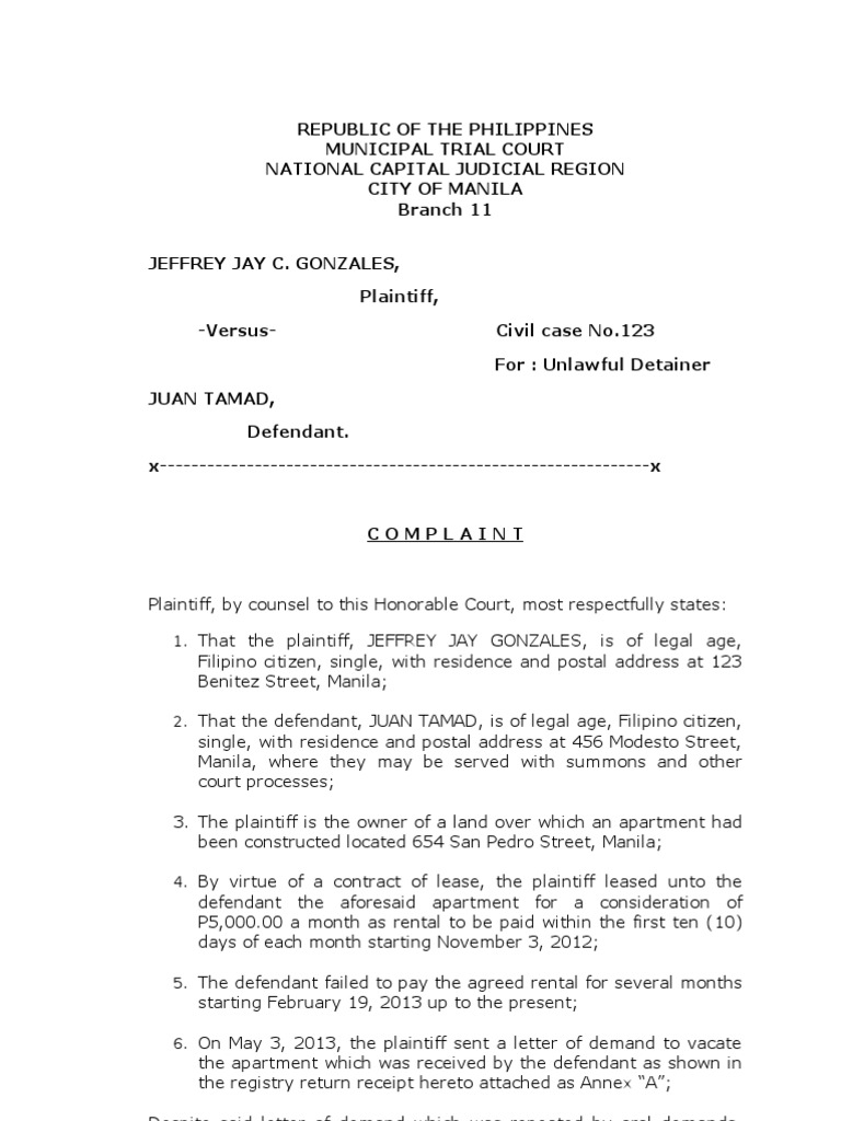 Complaint Unlawful Detainer | Eviction | Complaint