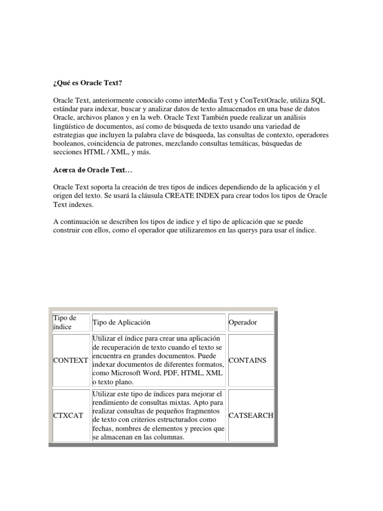 Introducción a Oracle Text y sus índices | PDF | SQL | Tabla (base de ...