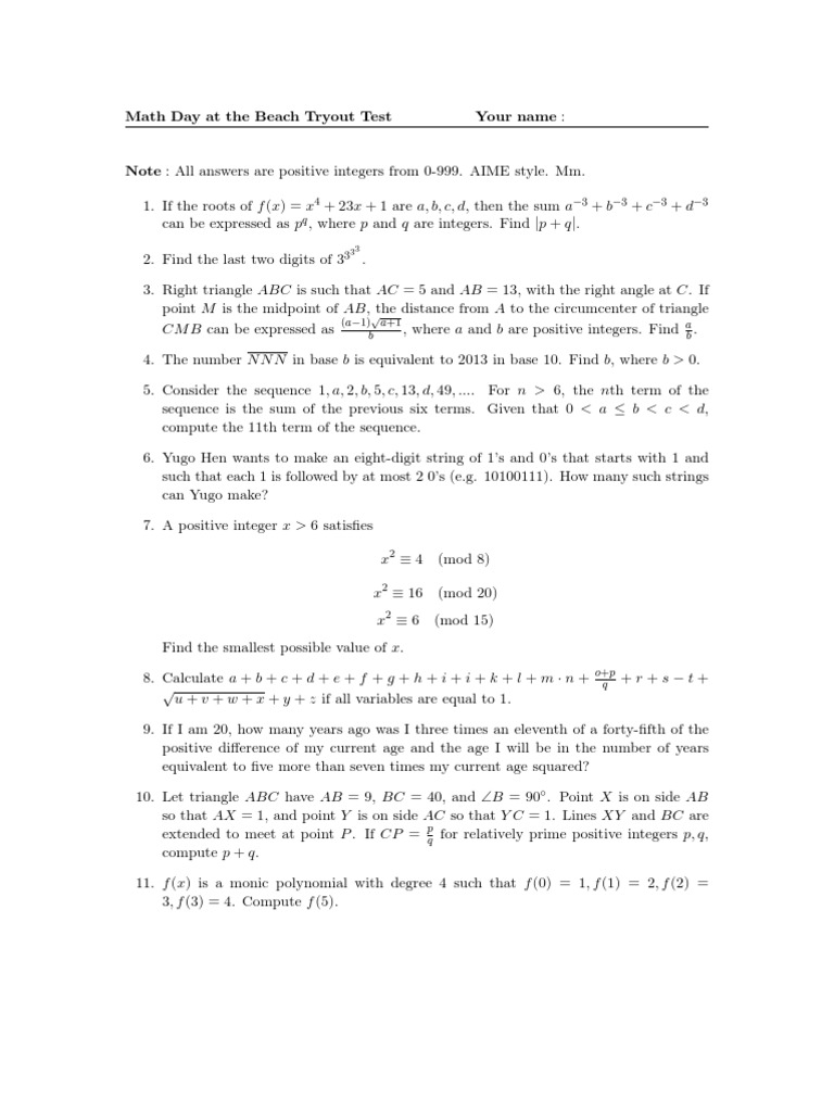 Math Day at the Beach Tryout Exam | PDF | Sequence | Triangle