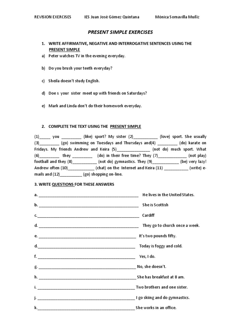 Present Simple Exercises 2 | PDF