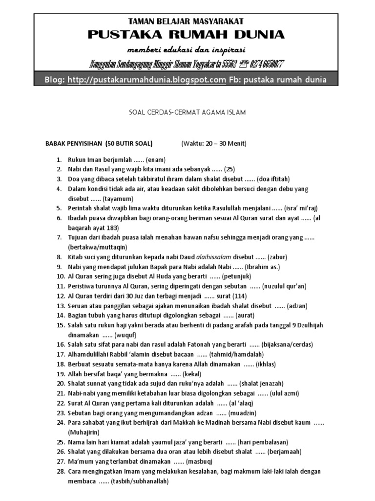 Contoh Soal Cerdas Cermat Agama Islam Tingkat Sma Contoh