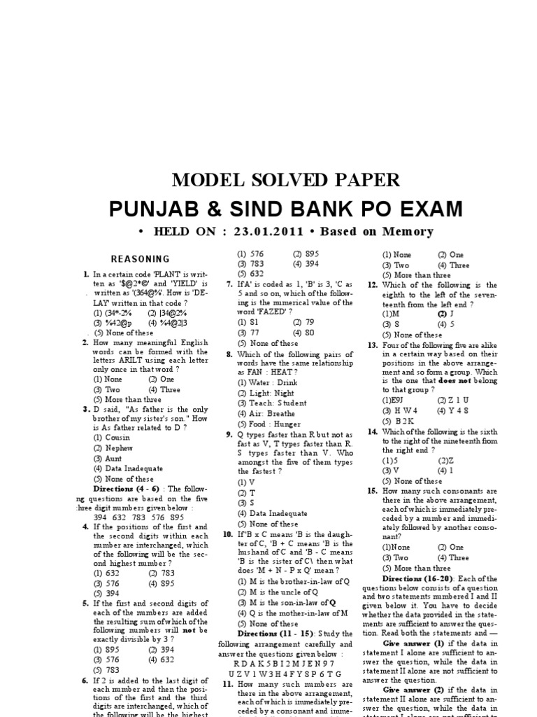 Punjab & Sind Bank PO 2011 Question Paper | PDF | Aids | Loans
