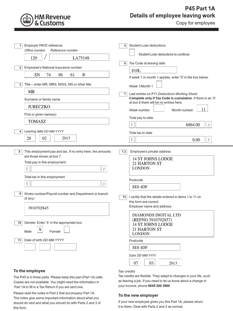 P45 Form Overview and Instructions | PDF | Payroll | Taxation