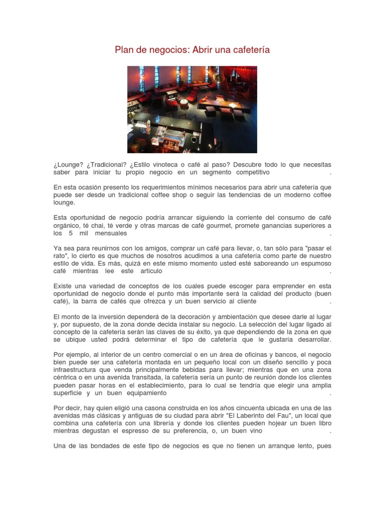 Plan de Negocios para Cafetería | PDF | Cafetería | café