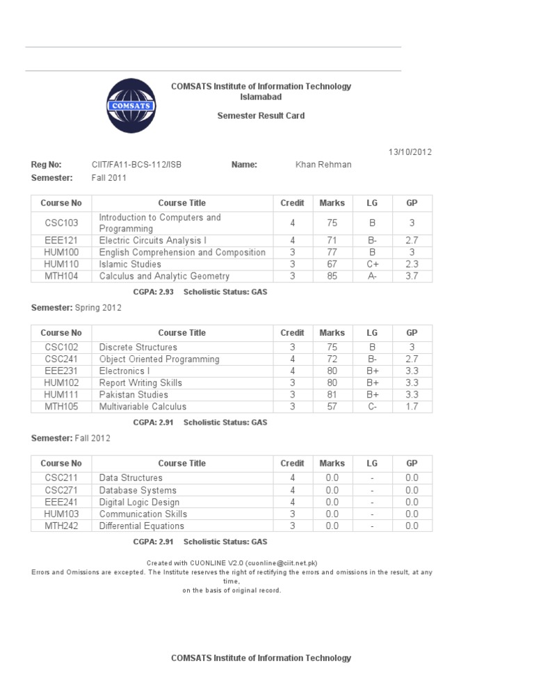 COMSATS Grading System Overview 2025 | PDF