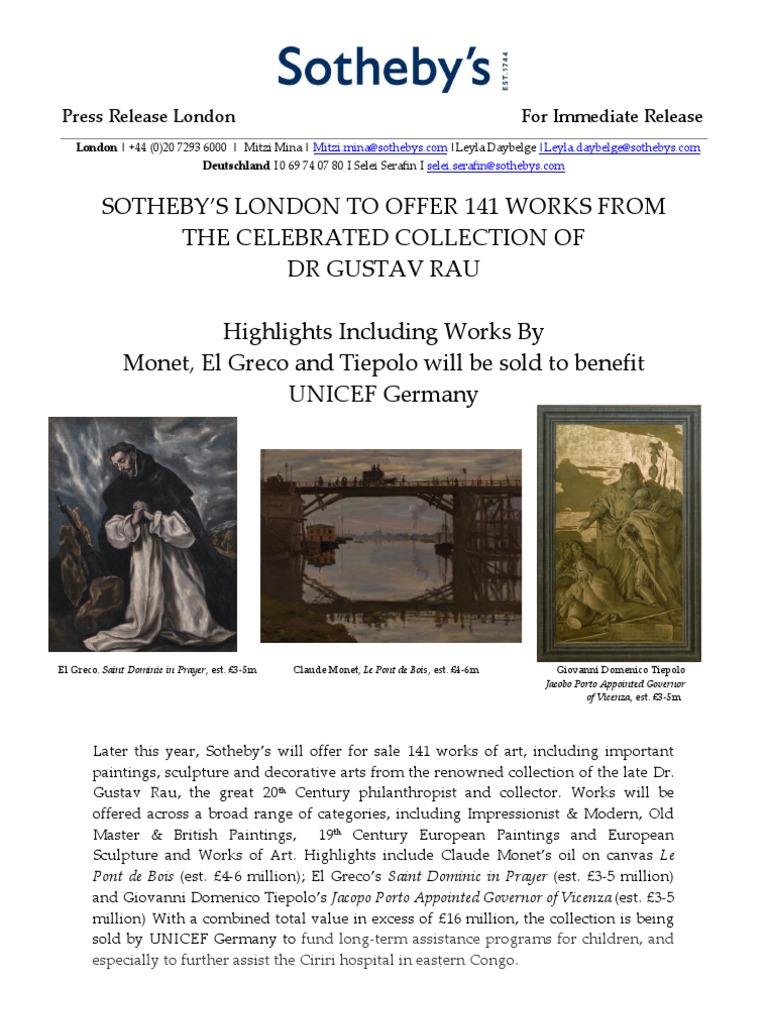 Art Collection of Philanthropist DR Gustav Rau To Be Offered at Sotheby ...