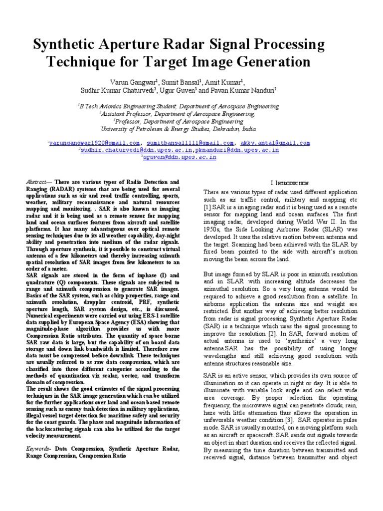 Synthetic Aperture Radar Signal Processing Technique for Target Image Generation Remote