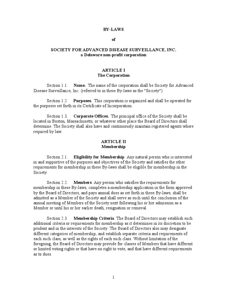 ByLaws of Society For Advanced Disease Surveillance, Inc. A Delaware
