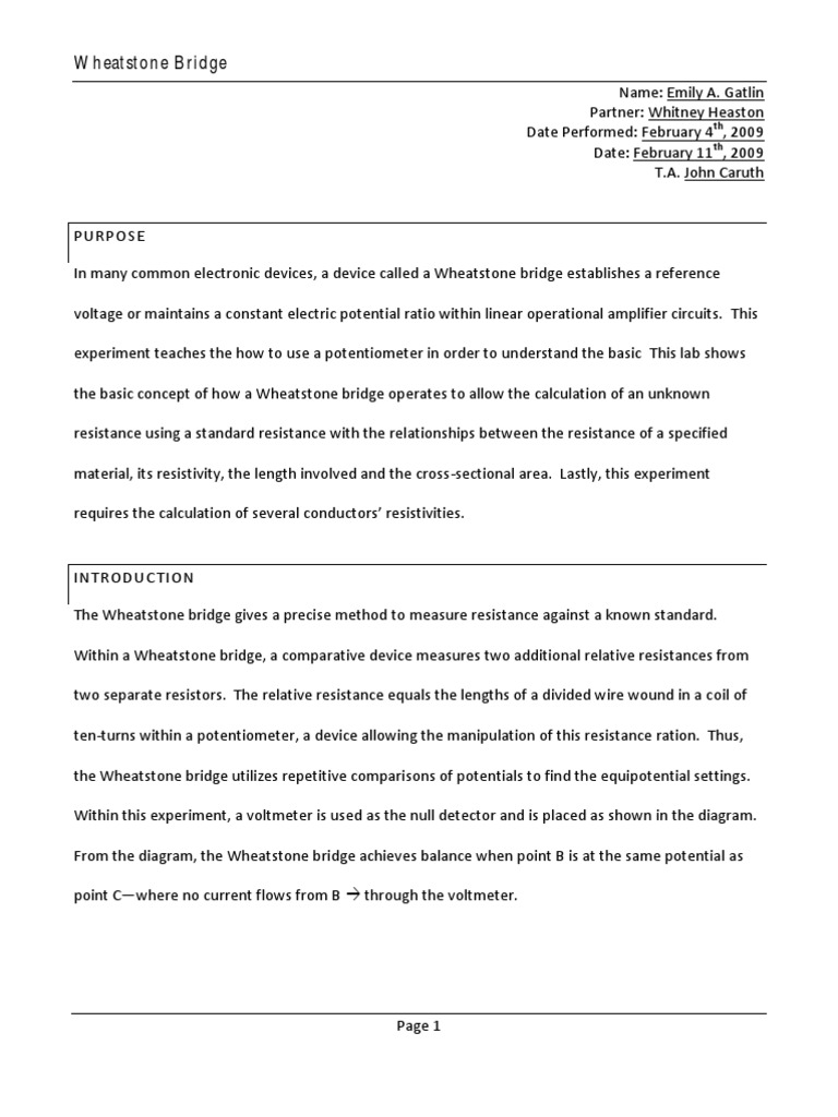 The Wheat Stone Bridge Lab Report Electrical Resistance And 
