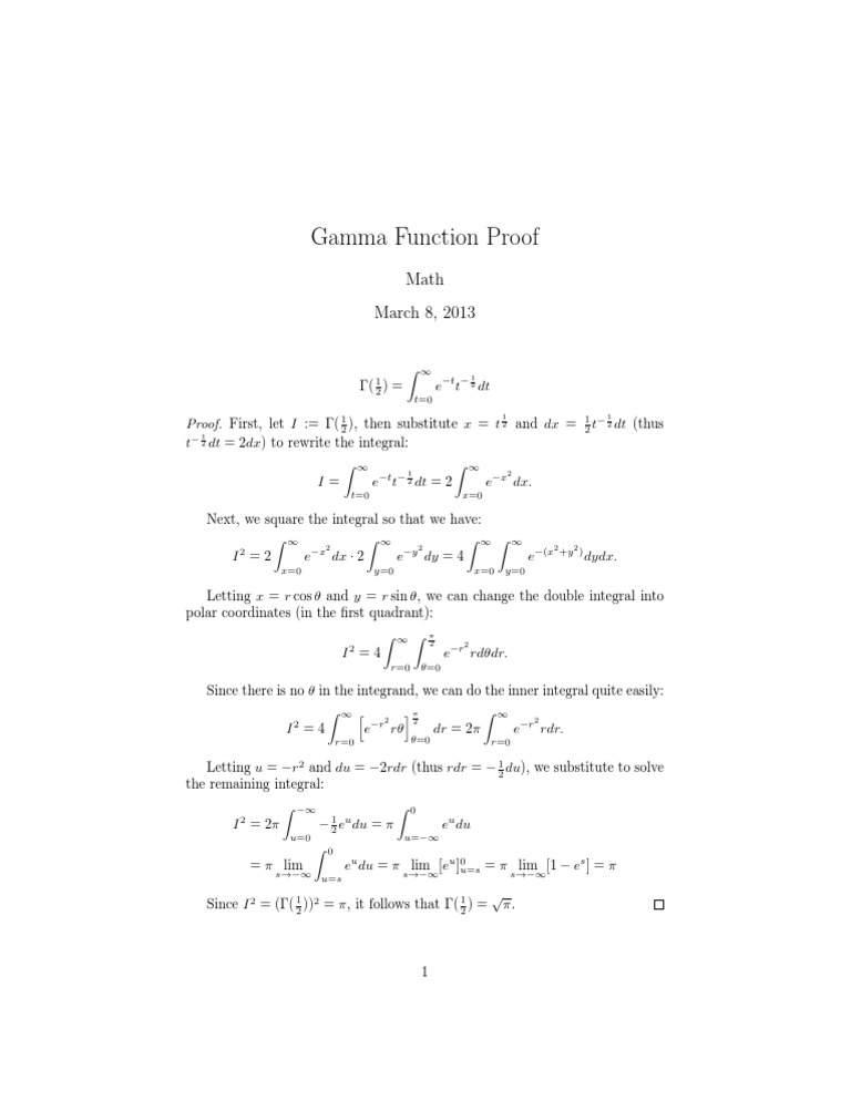 Gamma Function: Proof of Γ(1/2) = √π | PDF | Teaching Methods & Materials