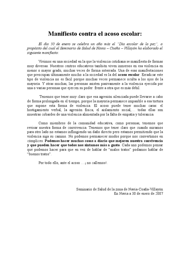 Manifiesto contra el acoso escolar | PDF | Violencia | Injusticia
